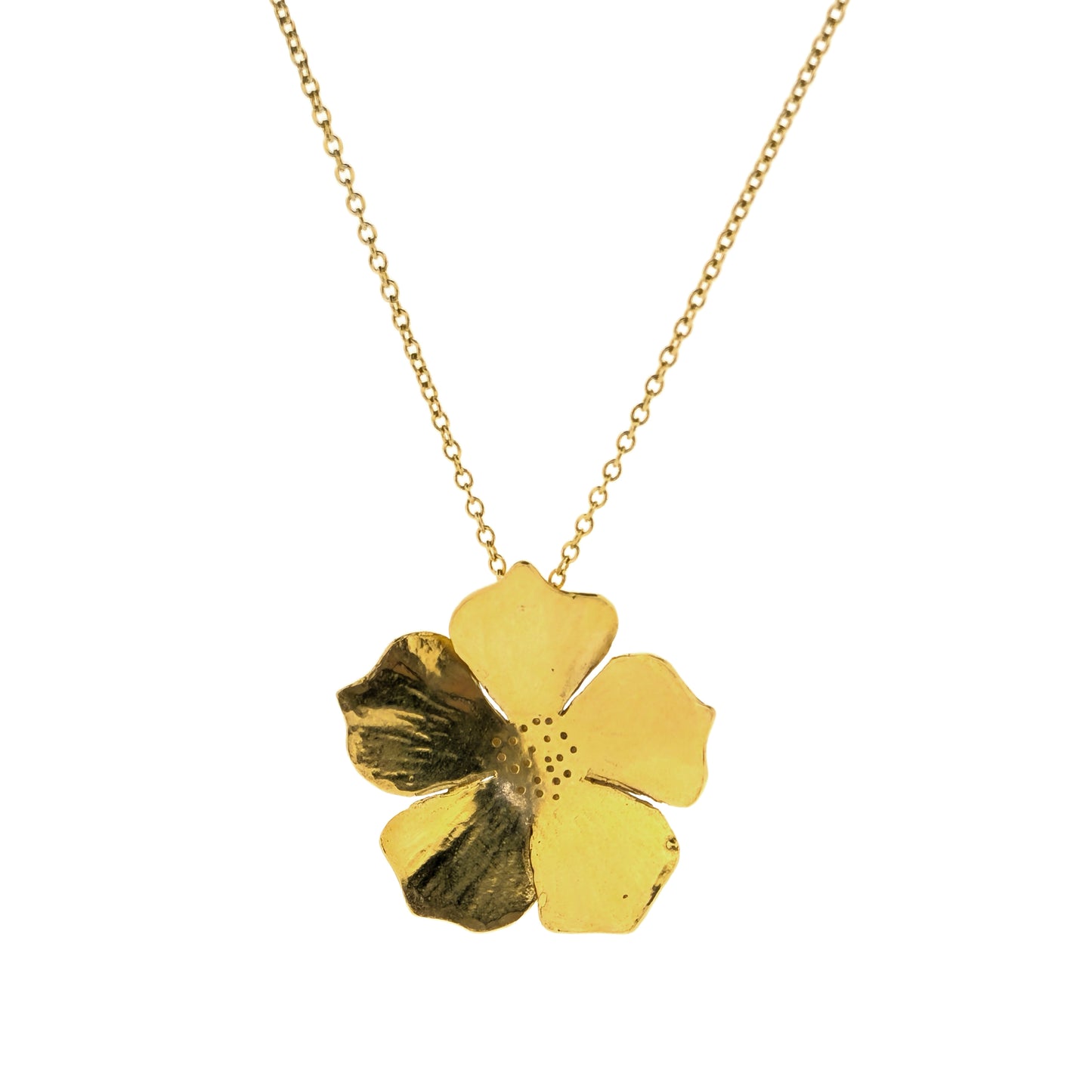 A yellow gold vermeil 5 petal flower pendant on a yellow gold vermeil chain. Large.