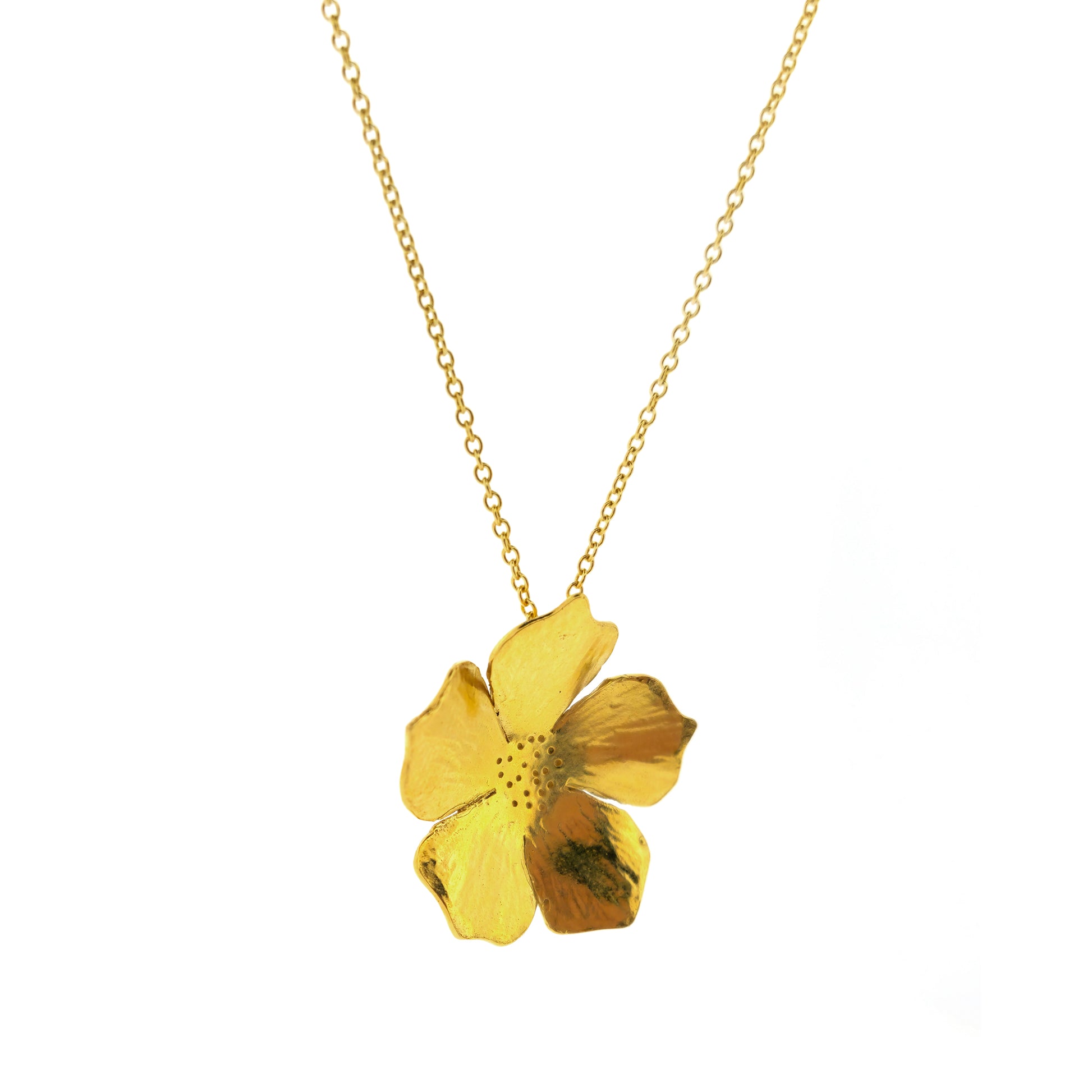 A yellow gold vermeil 5 petal flower pendant on a yellow gold vermeil chain. Large.