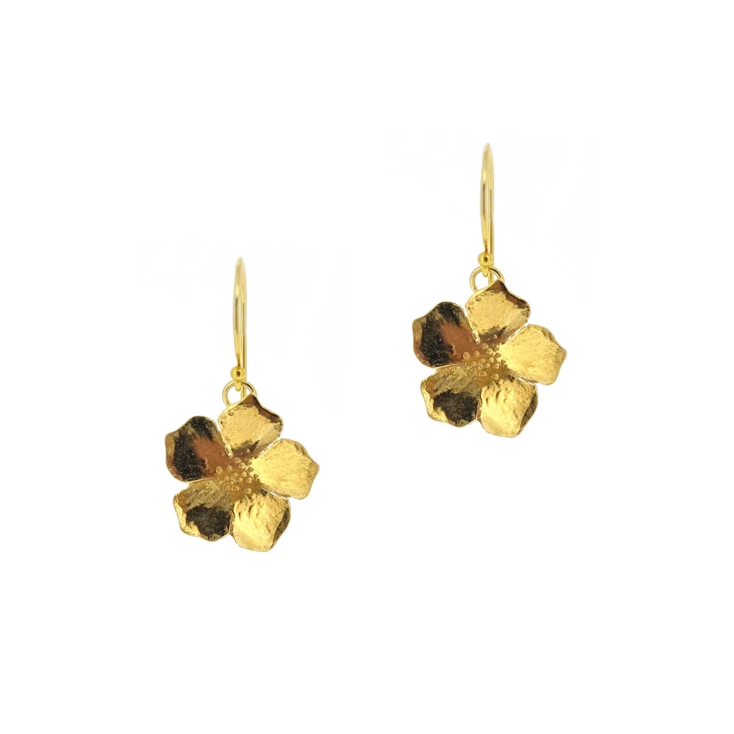 Yellow gold vermeil 5 petal flower drop earrings.