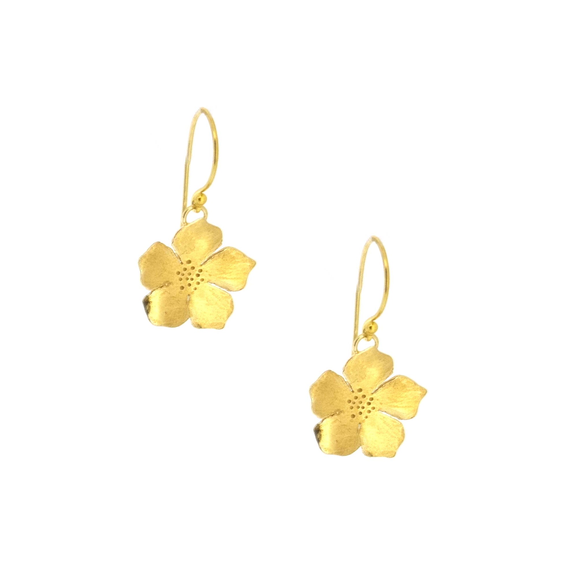 Yellow gold vermeil 5 petal flower drop earrings.