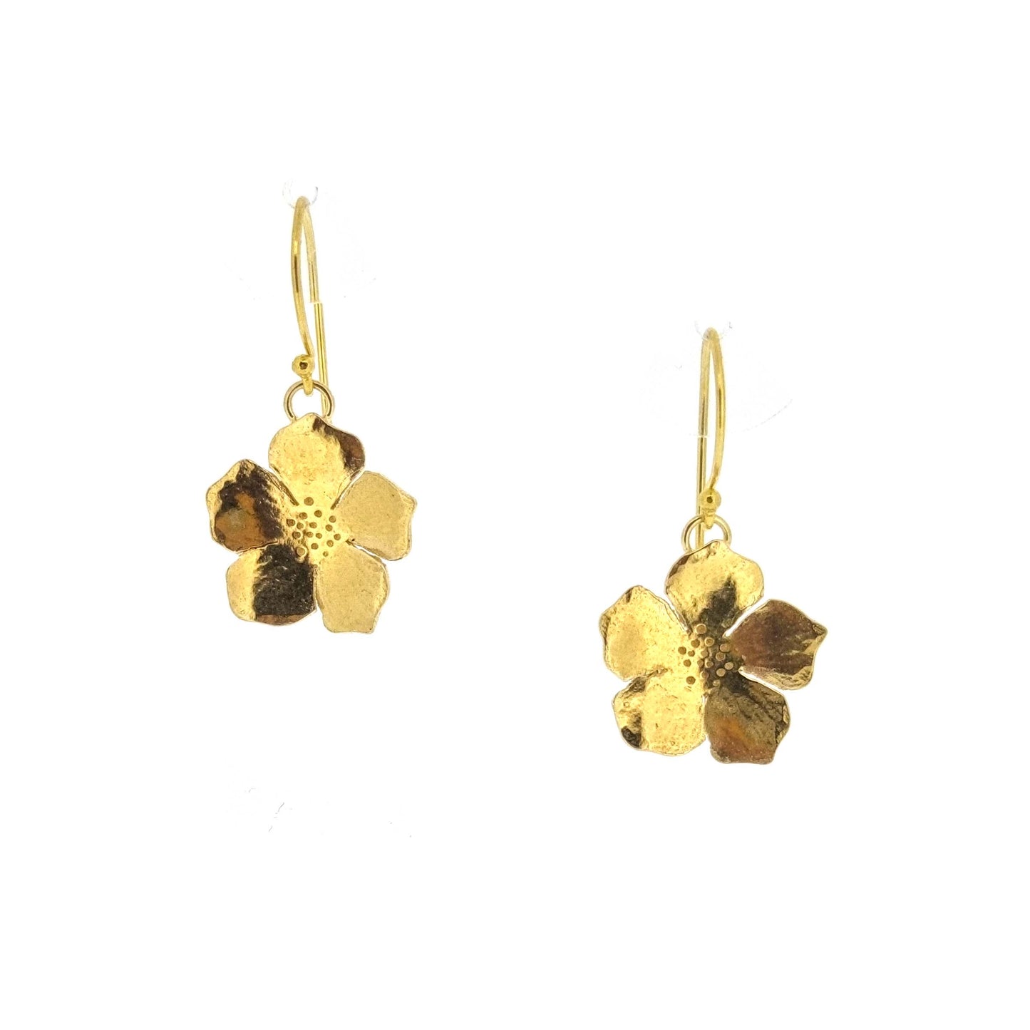 Yellow gold vermeil 5 petal flower drop earrings.