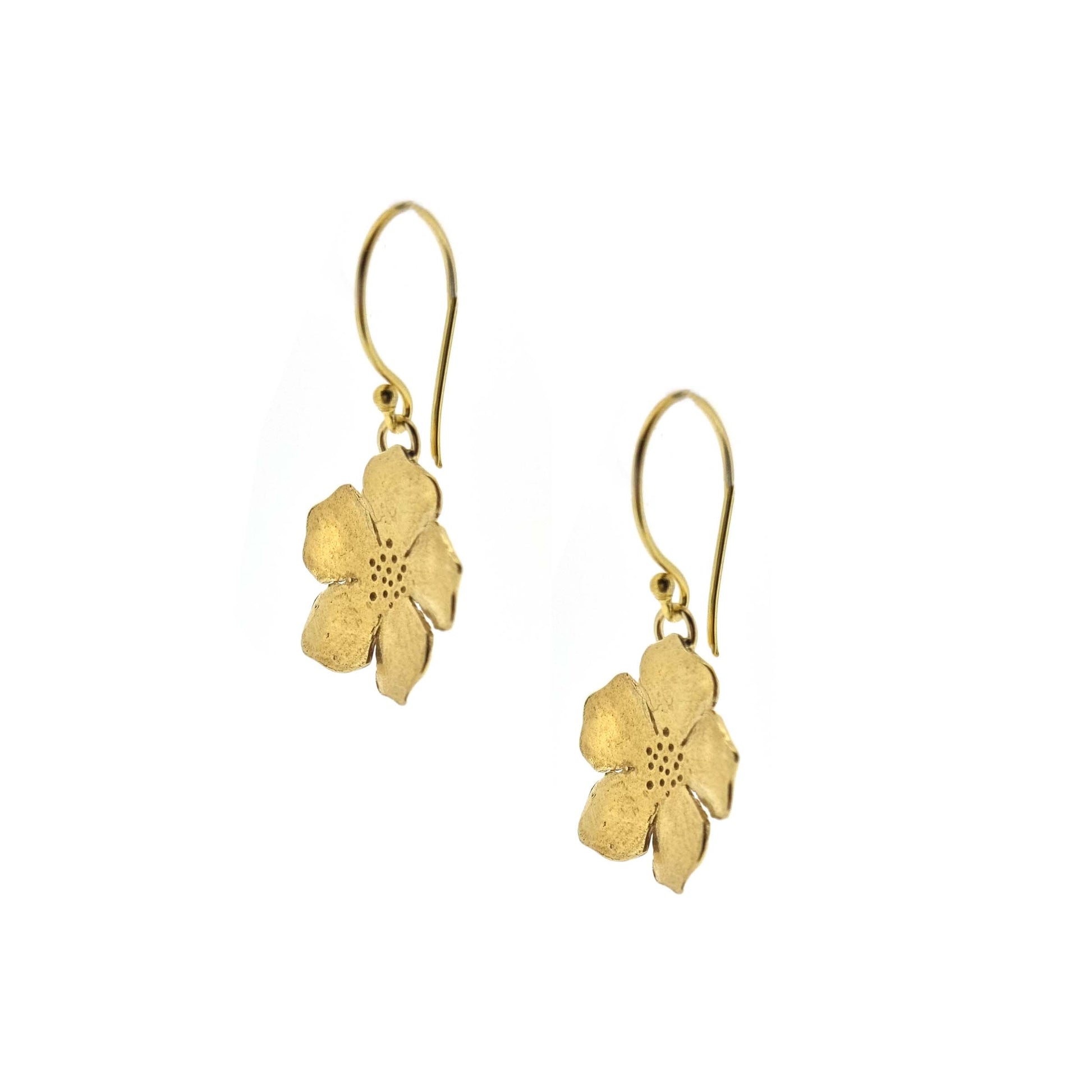 Yellow gold vermeil 5 petal flower drop earrings.