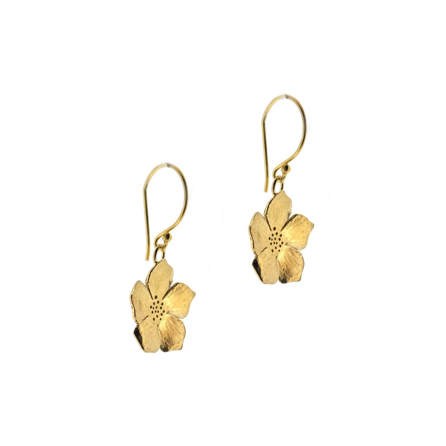 Yellow gold vermeil 5 petal flower drop earrings.