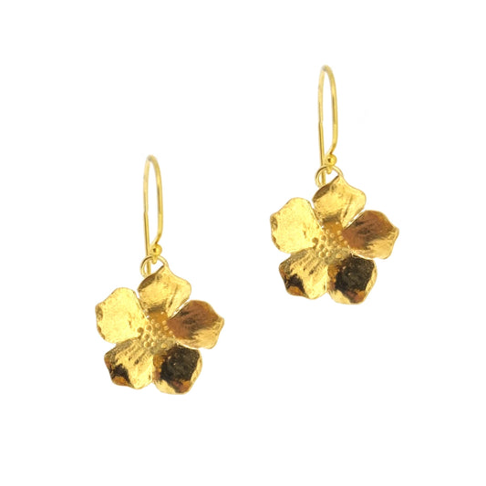 Yellow gold vermeil 5 petal flower drop earrings.