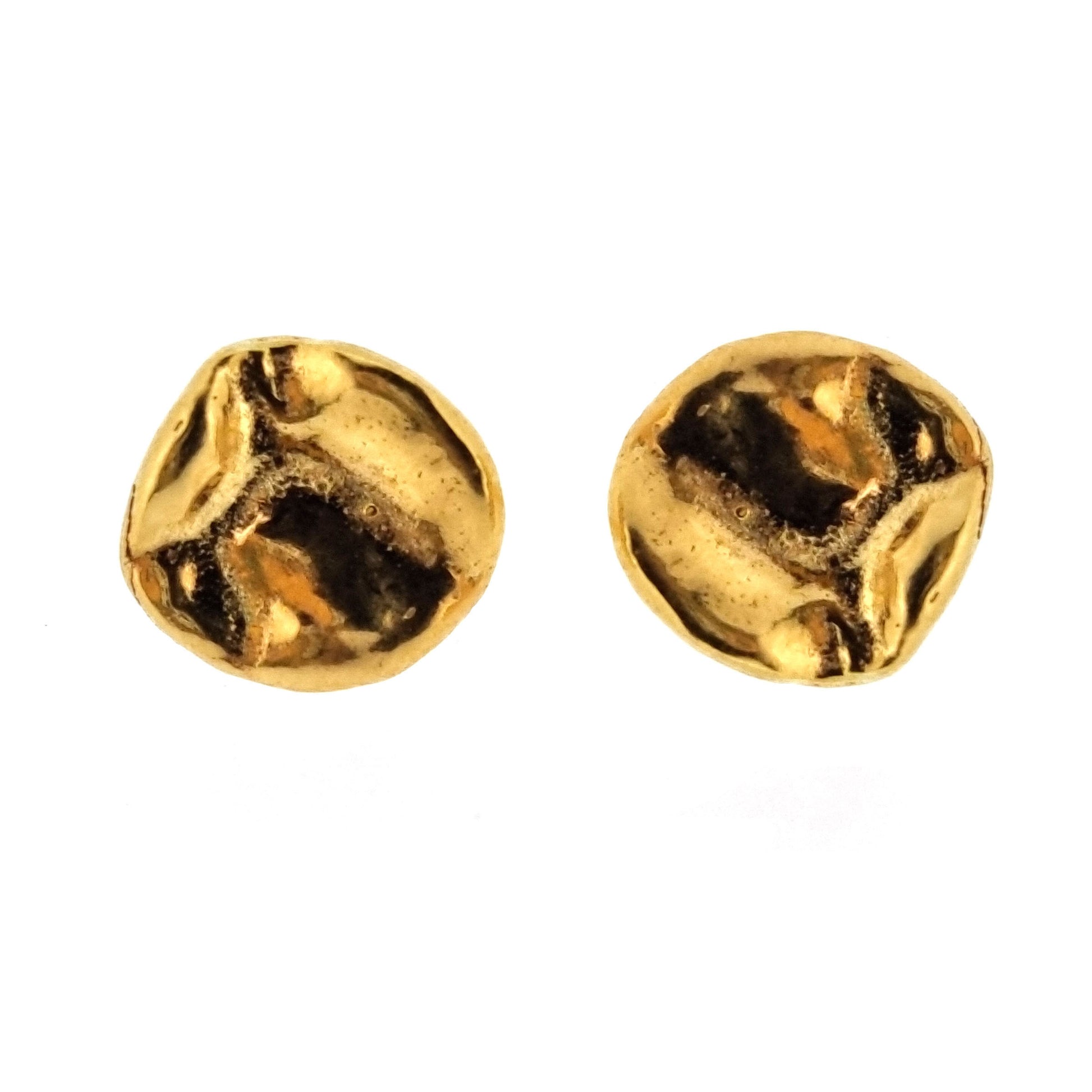 Yellow gold vermeil round stud earrings with a crumpled textured surface.