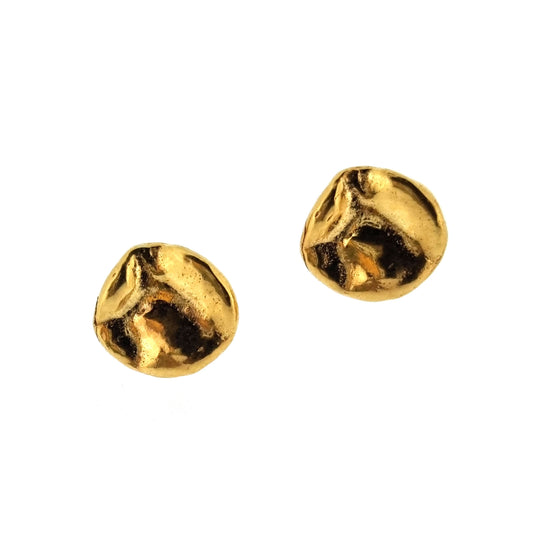 Yellow gold vermeil round stud earrings with a crumpled textured surface.