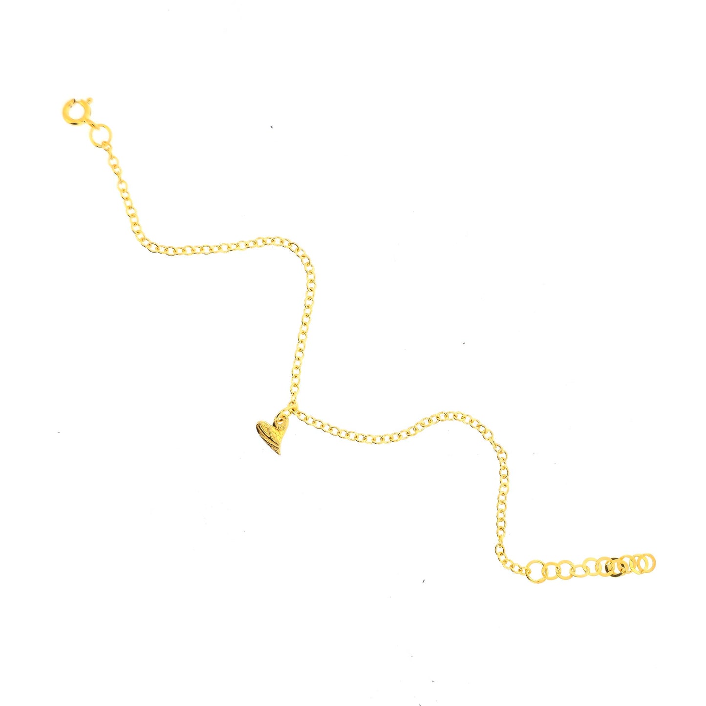 Gold bracelet with a textured asymmetric heart-shaped charm on a white background
