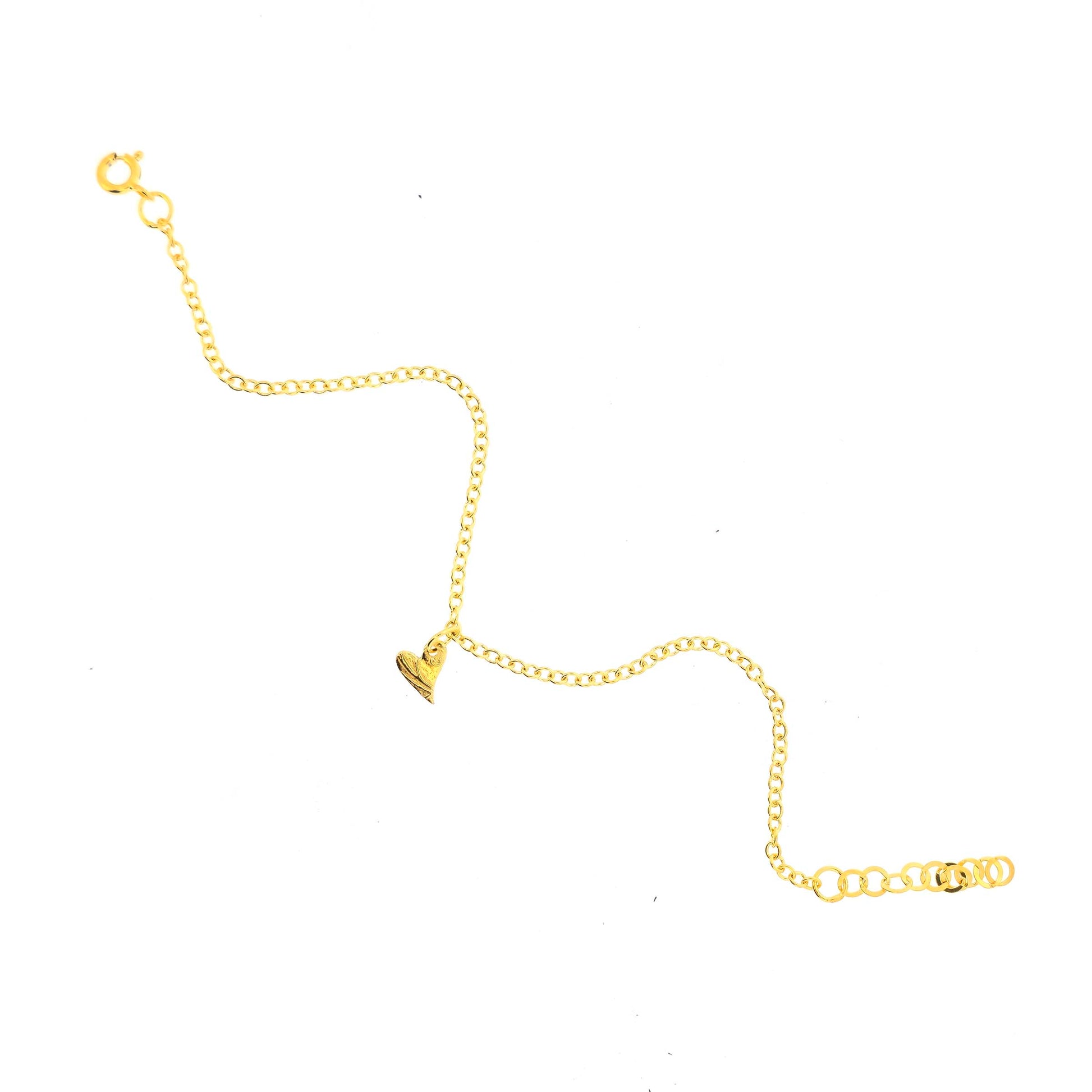 Gold bracelet with a textured asymmetric heart-shaped charm on a white background