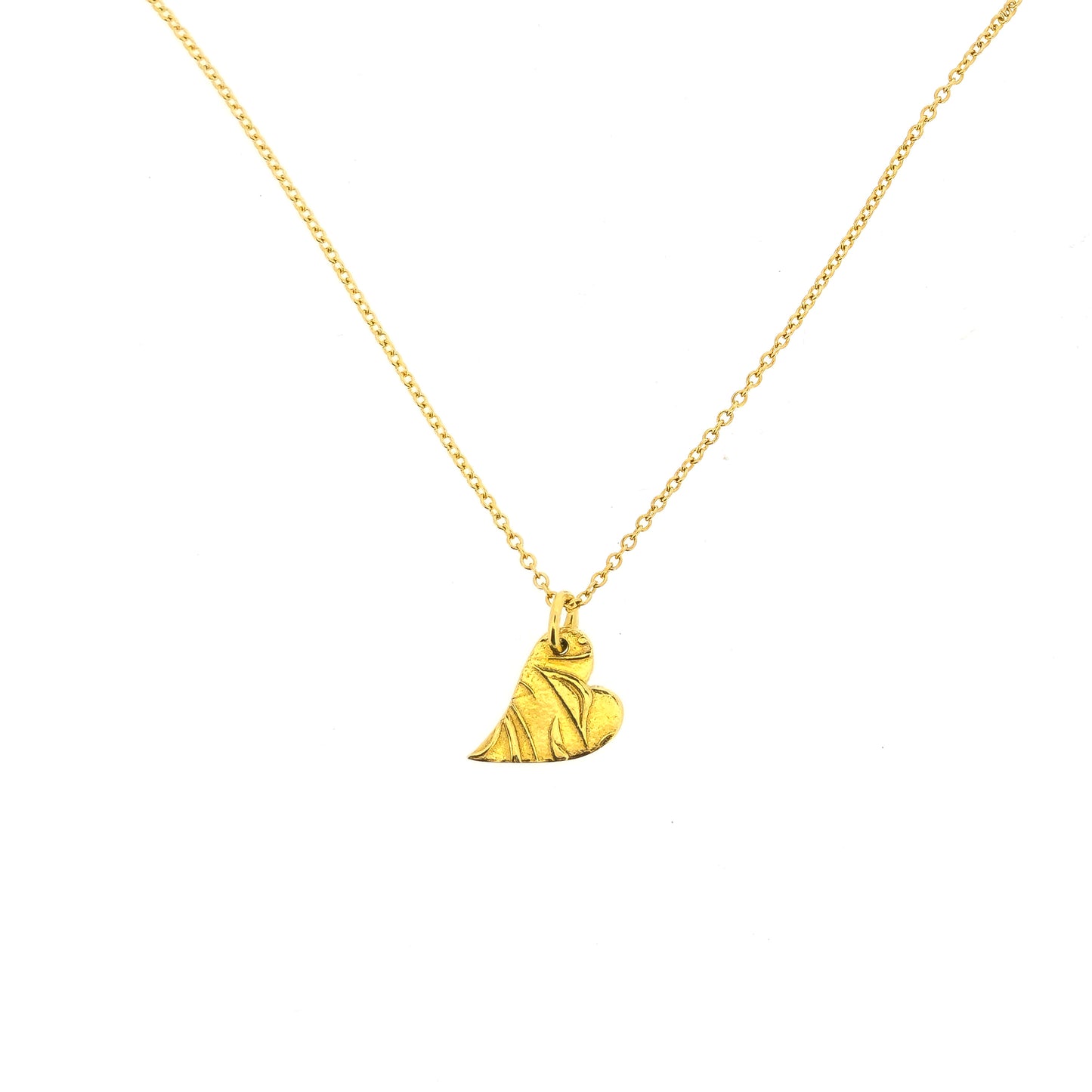 Yellow gold vermeil asymmetrical heart pendant with a leaf & vine design on a yellow gold vermeil chain.