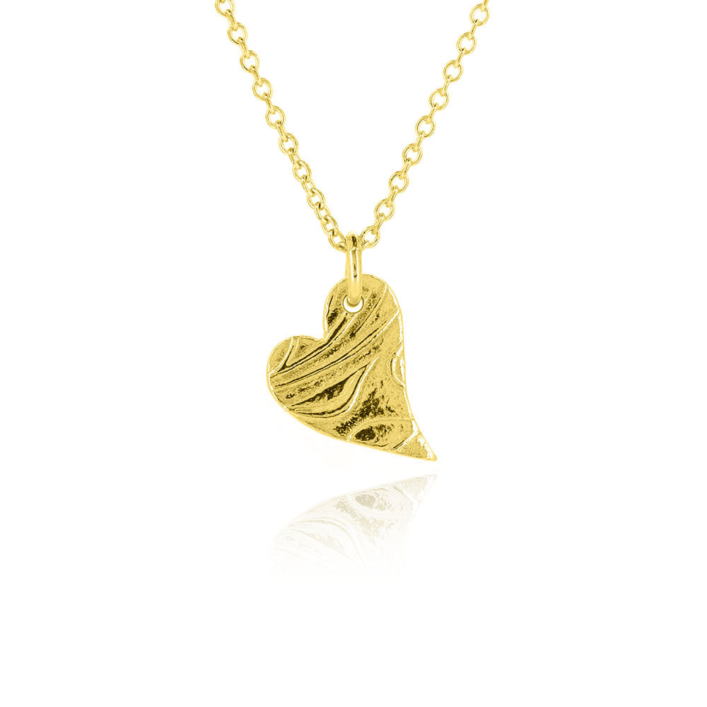 Yellow gold vermeil asymmetrical heart pendant with a leaf & vine design on a yellow gold vermeil chain. Small.