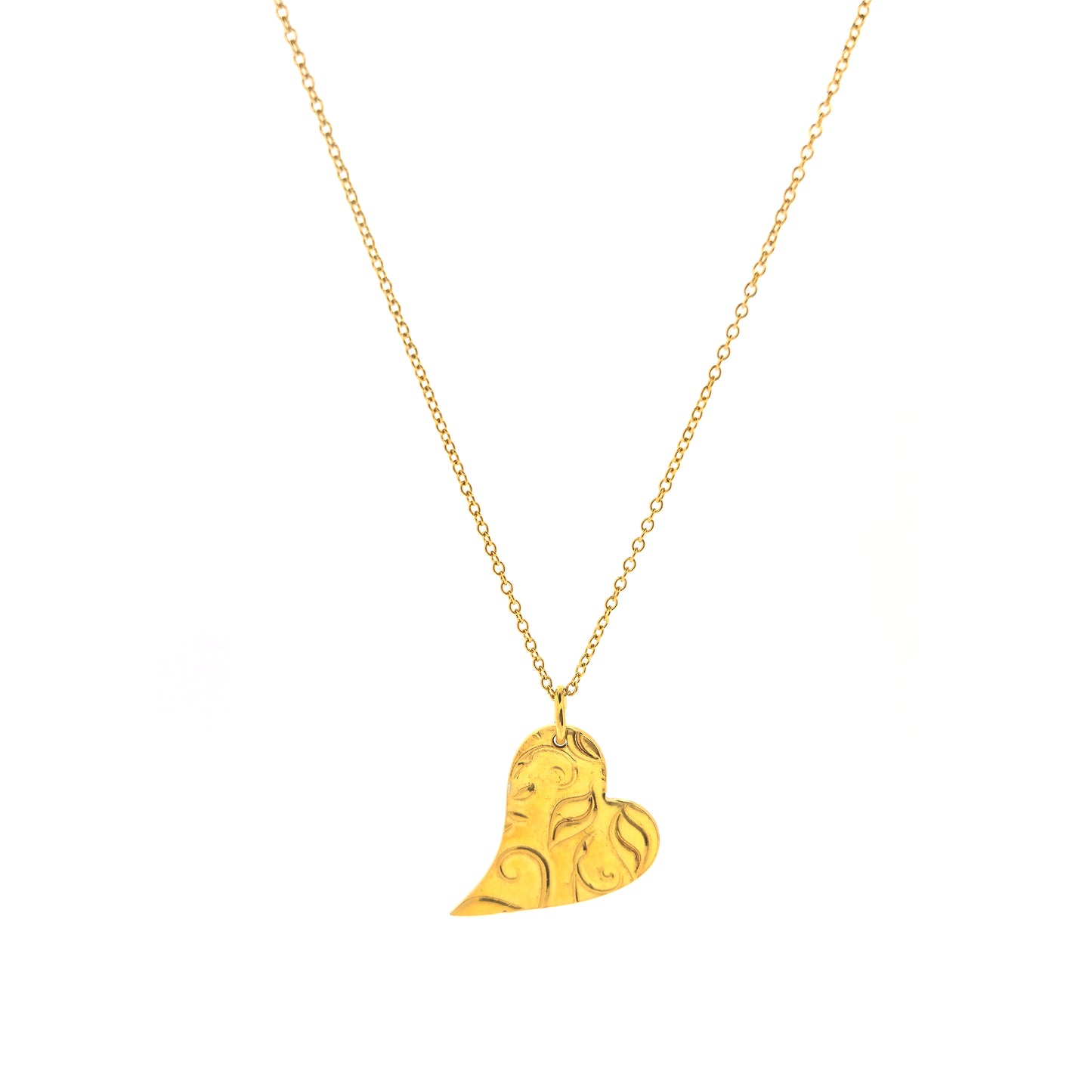 Yellow gold vermeil asymmetrical heart pendant with a leaf & vine design on a yellow gold vermeil chain.