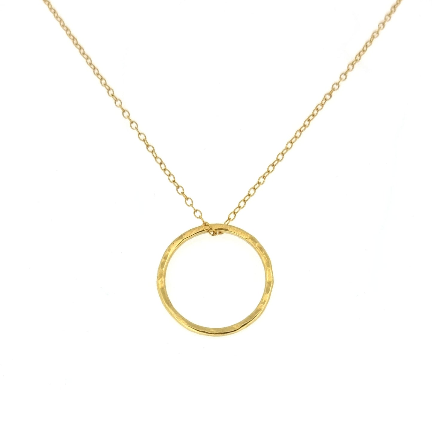 Yellow gold vermeil open circle pendant with hammered texture on a yellow gold vermeil chain. Large