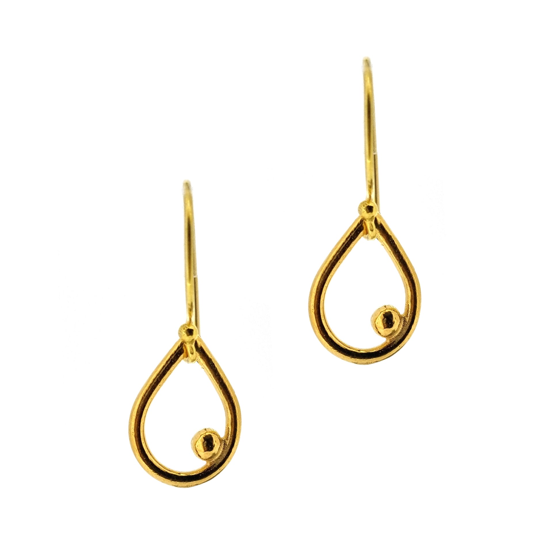 Yellow gold vermeil open teardrop with off-center ball drop earrings. Small