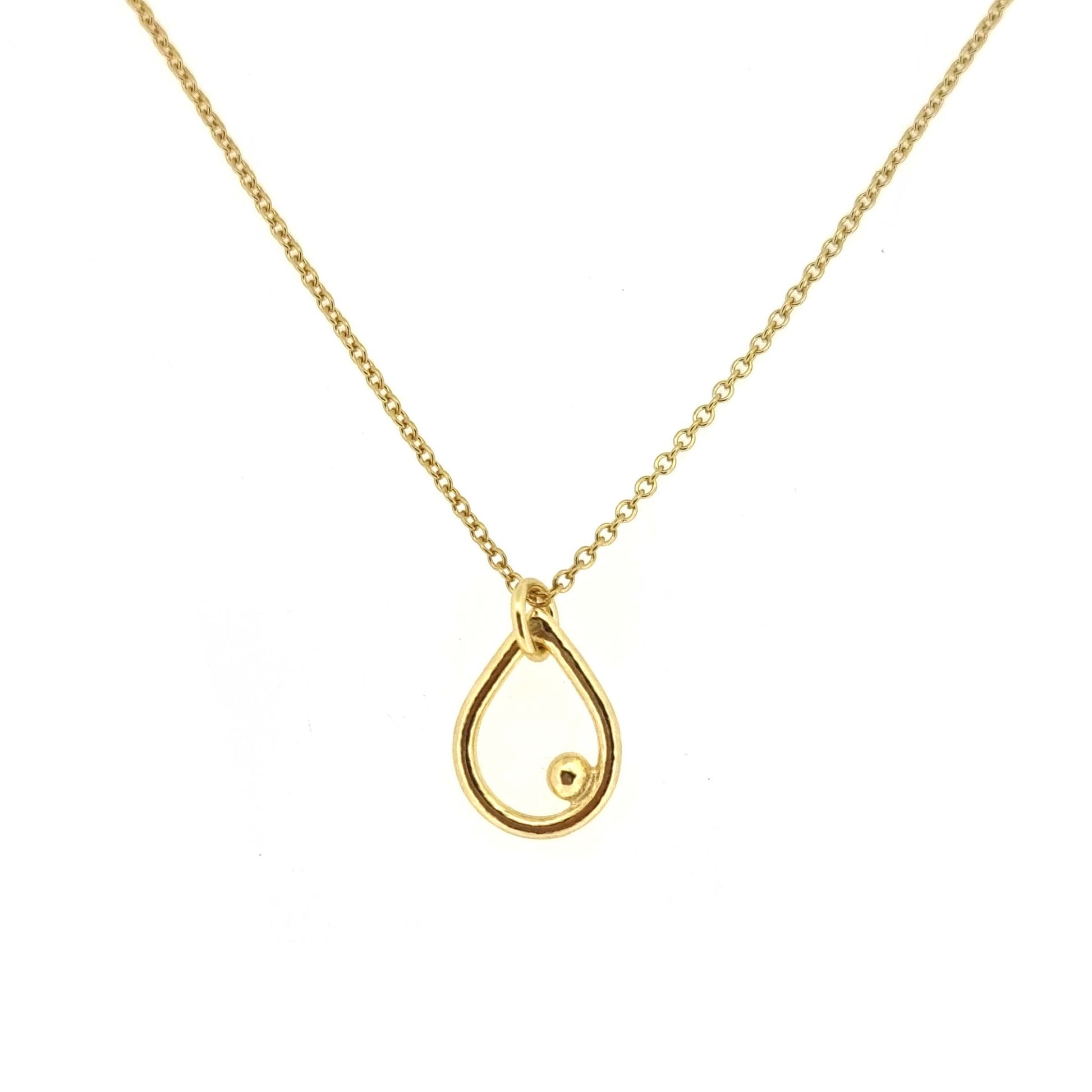 Yellow gold vermeil open teardrop shaped pendant with an off-centre ball on a yellow gold vermeil chain.