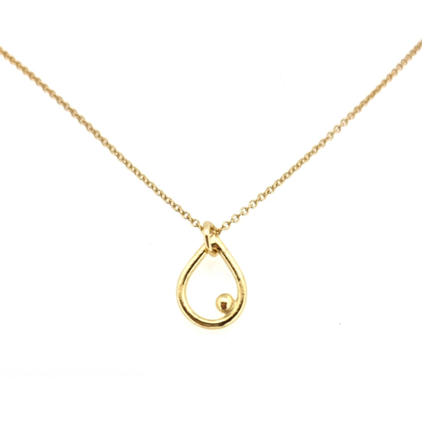 Yellow gold vermeil open teardrop shaped pendant with an off-centre ball on a yellow gold vermeil chain.