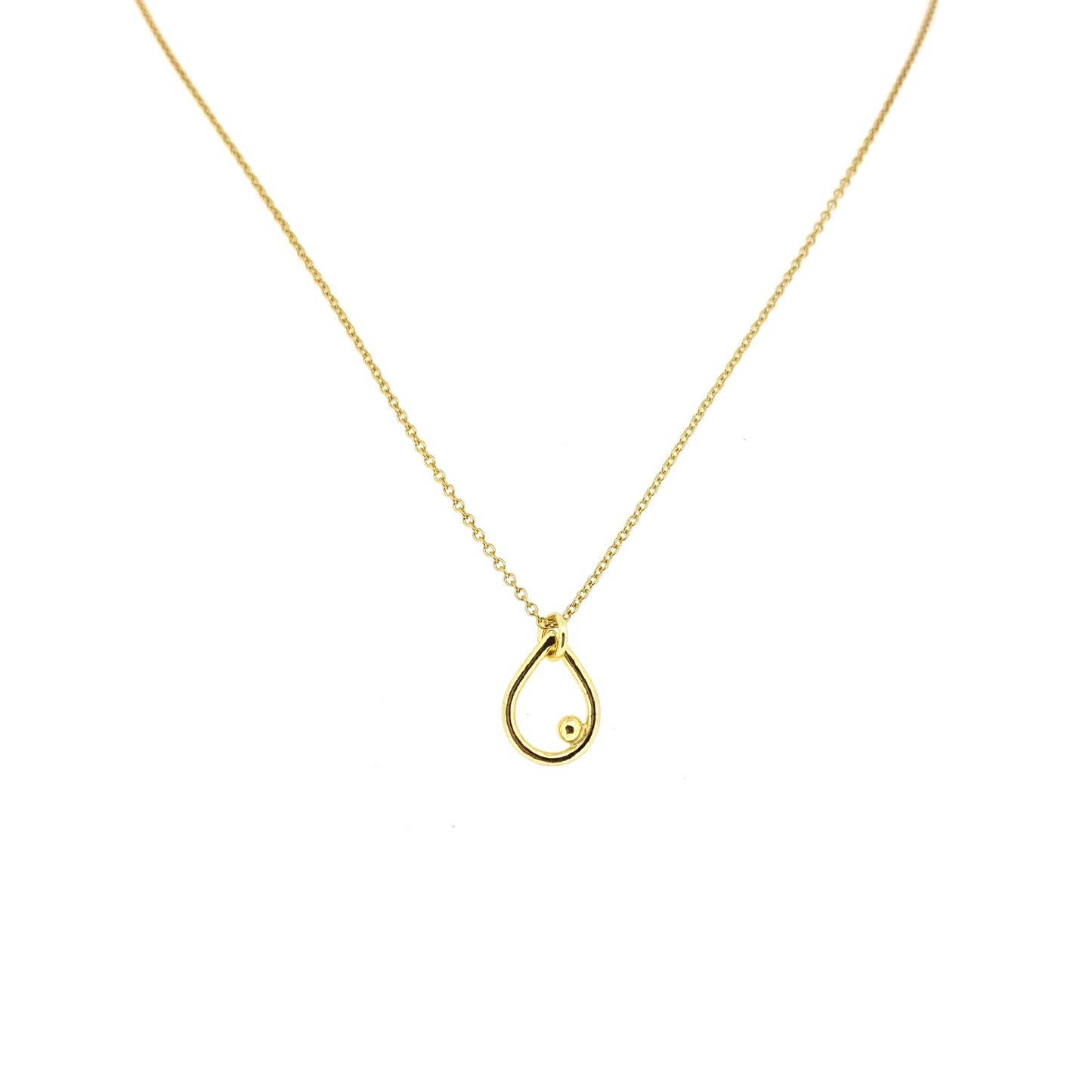 Yellow gold vermeil open teardrop shaped pendant with an off-centre ball on a yellow gold vermeil chain.