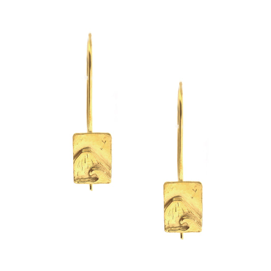 Yellow gold vermeil drop earrings featuring a rectangular section with a mountain and wave scene on ear wires.