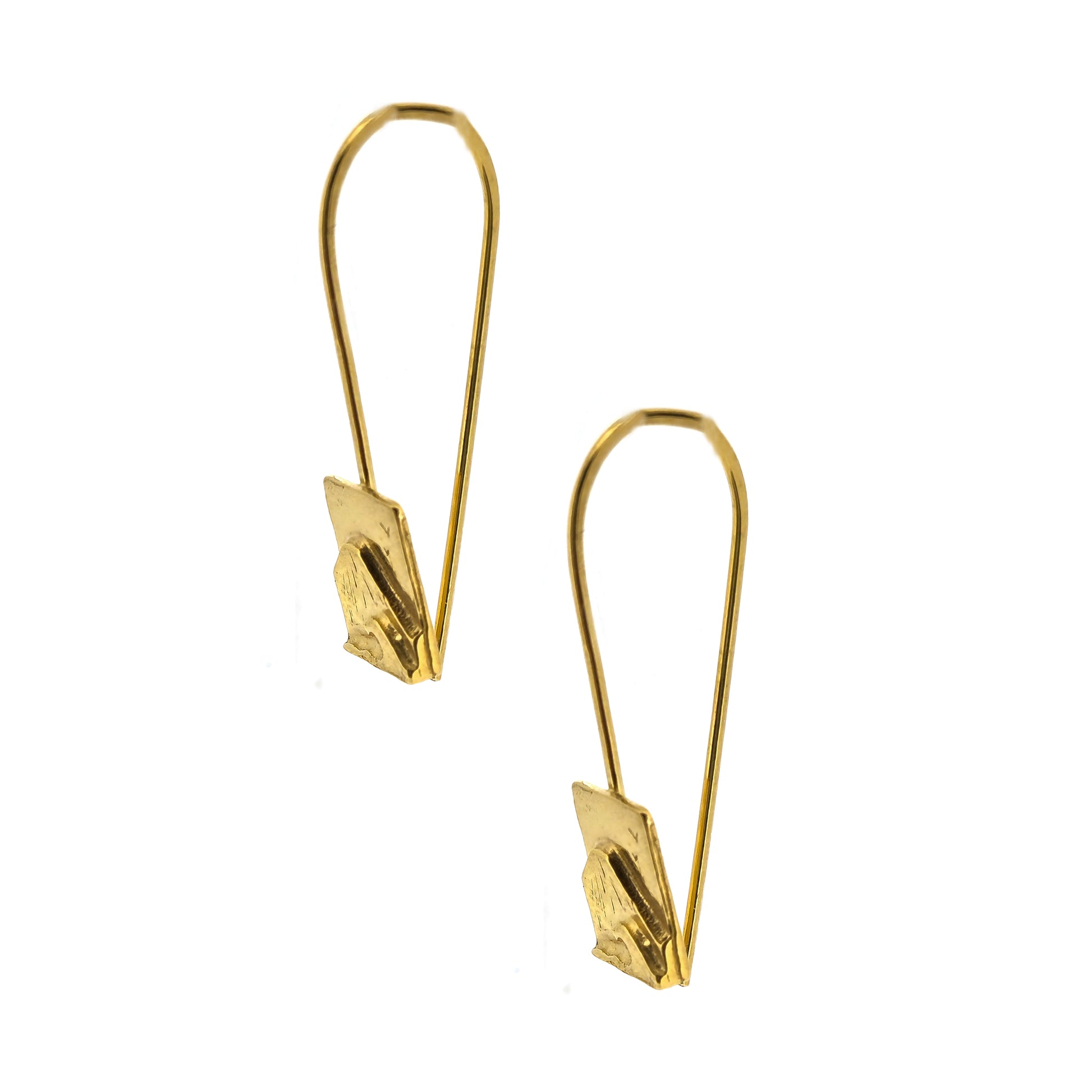 Yellow gold vermeil drop earrings featuring a rectangular section with a mountain and wave scene on ear wires.