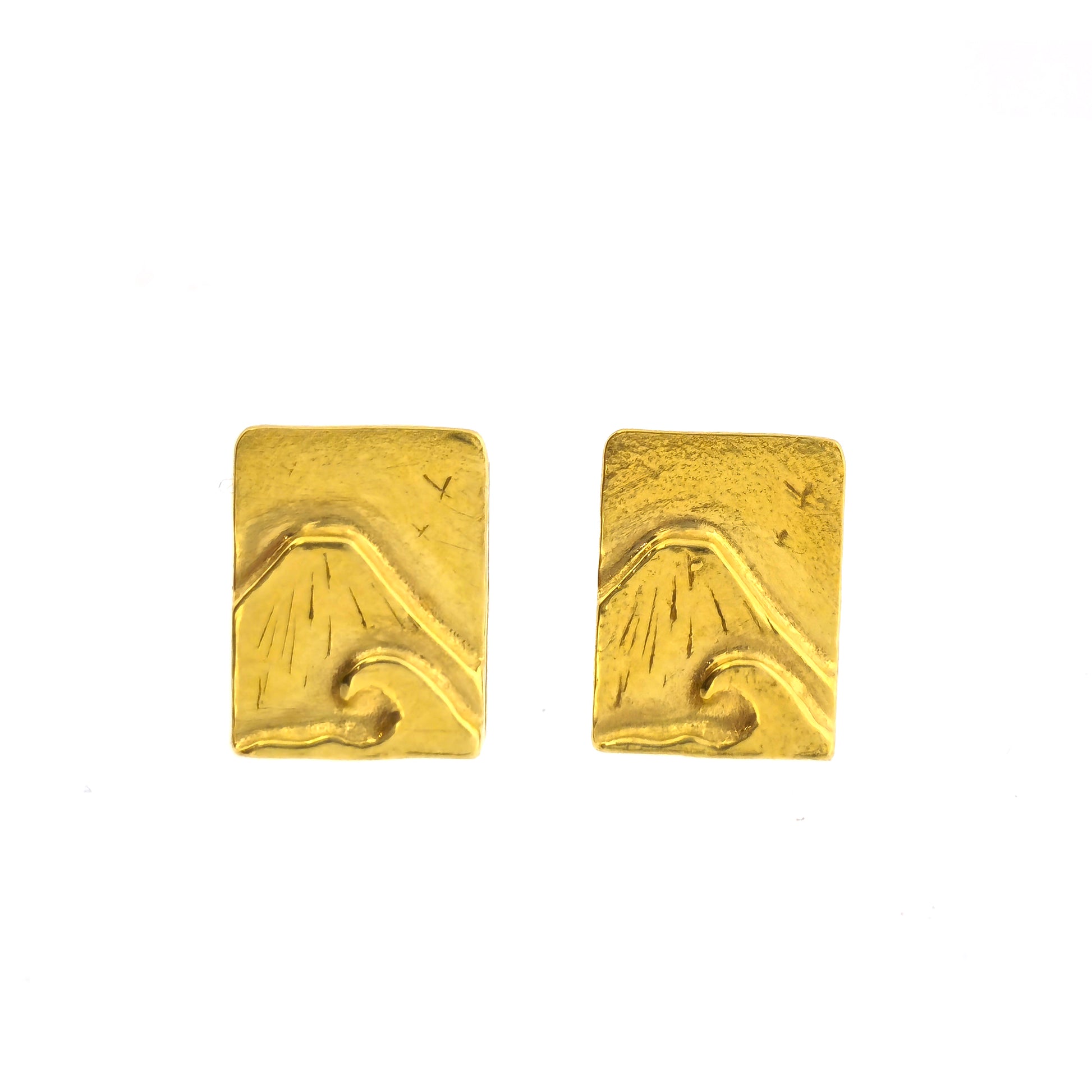 Yellow gold vermeil rectangle stud earrings featuring a mountain and sea scene.