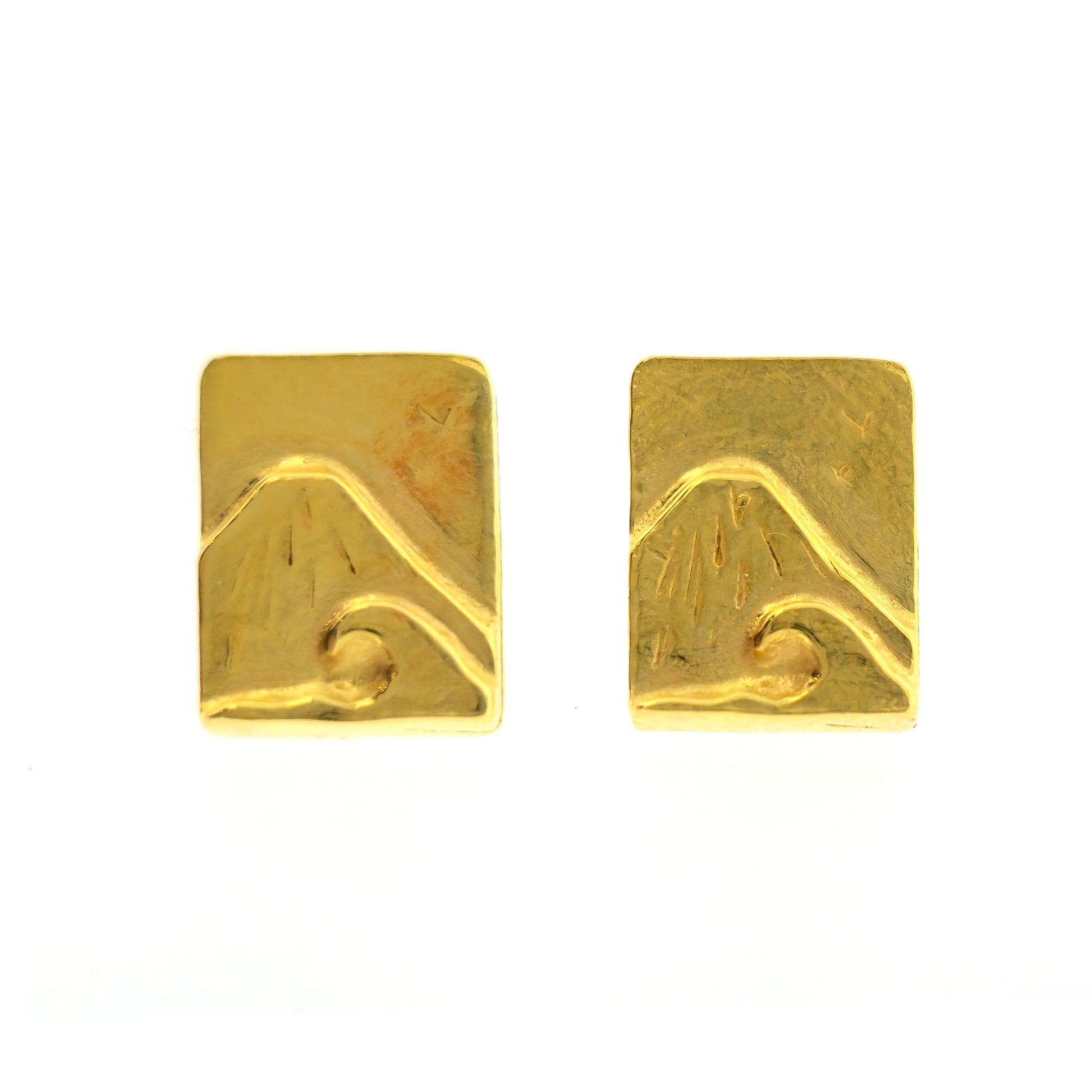 Yellow gold vermeil rectangle stud earrings featuring a mountain and sea scene.