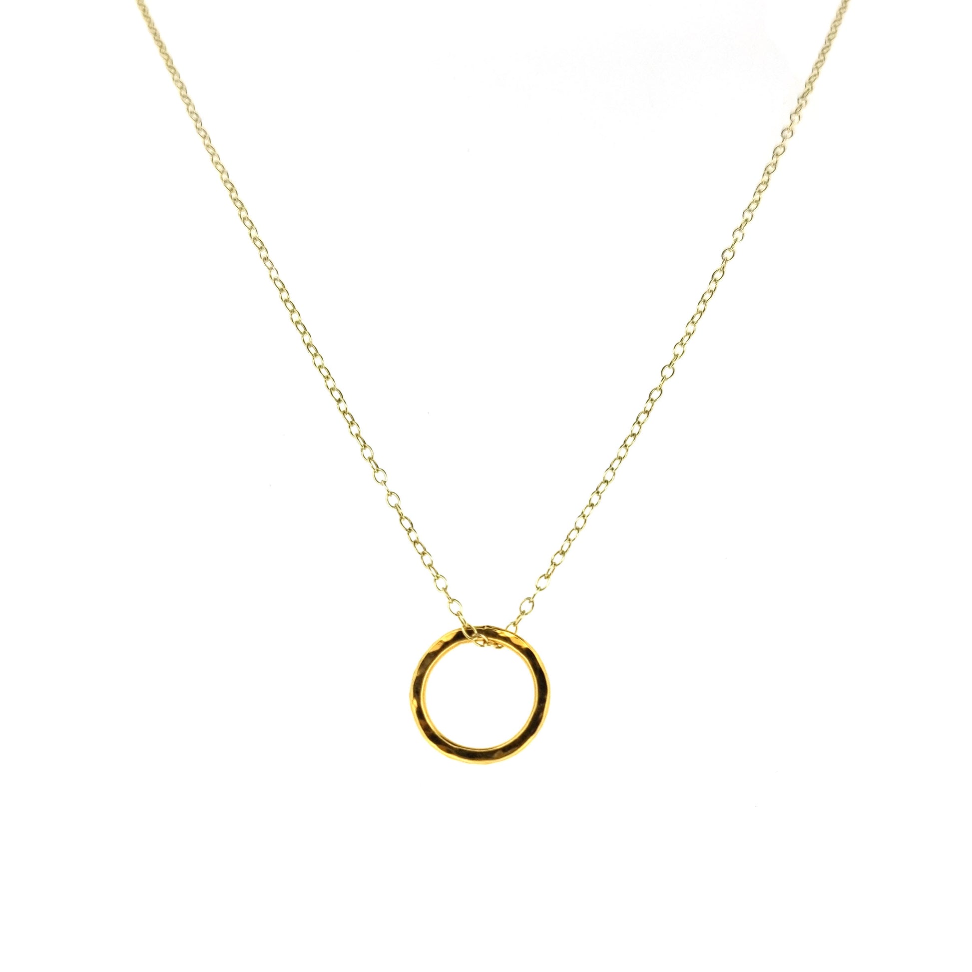 Yellow gold vermeil open circle pendant with hammered texture on a yellow gold vermeil chain. Small