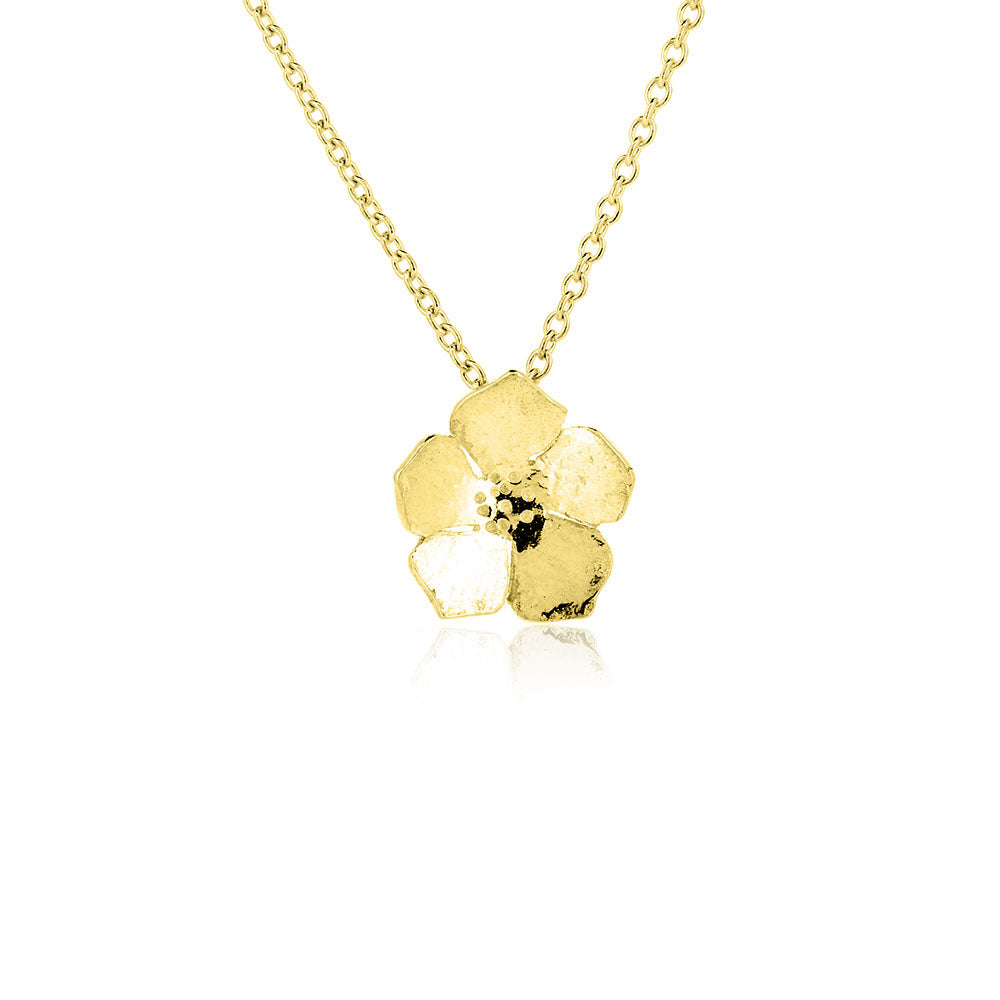 A yellow gold vermeil 5 petal flower pendant on a yellow gold vermeil chain. Small