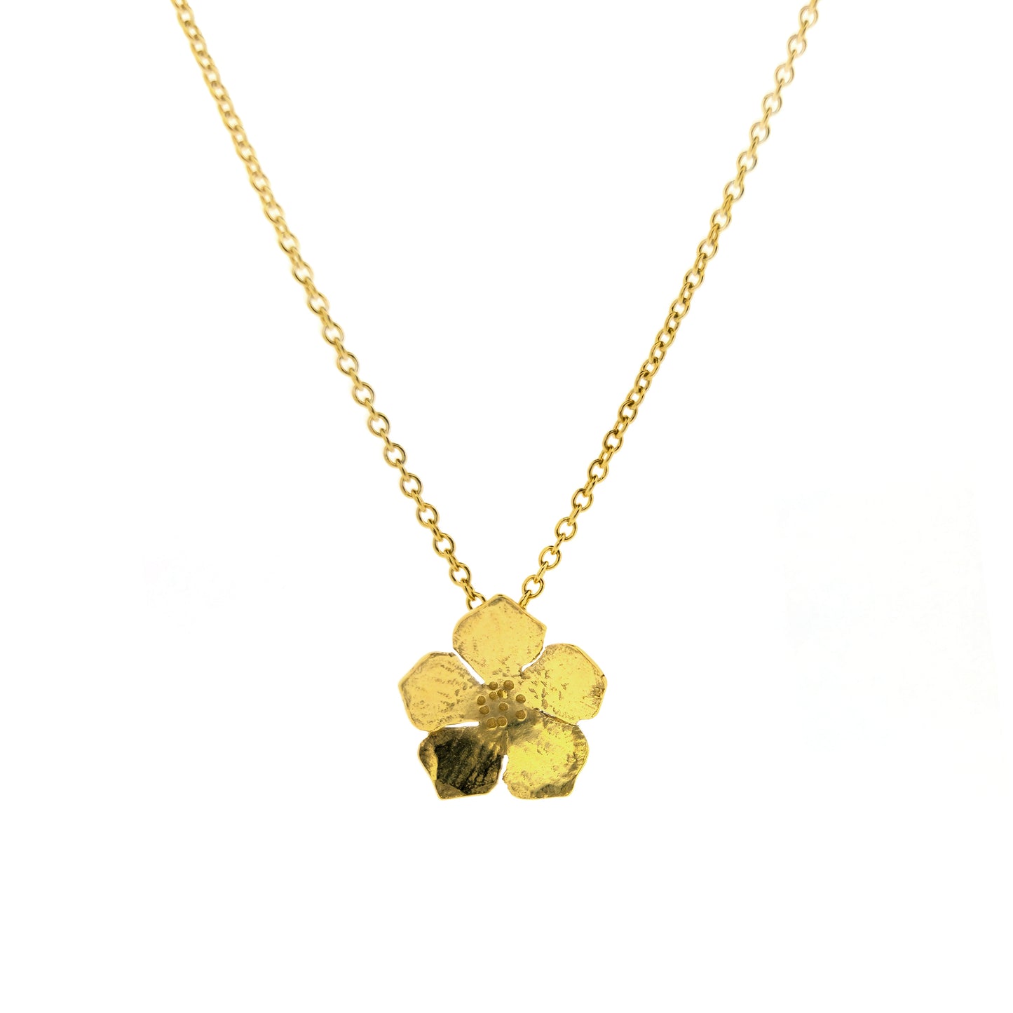 A yellow gold vermeil 5 petal flower pendant on a yellow gold vermeil chain. Small.