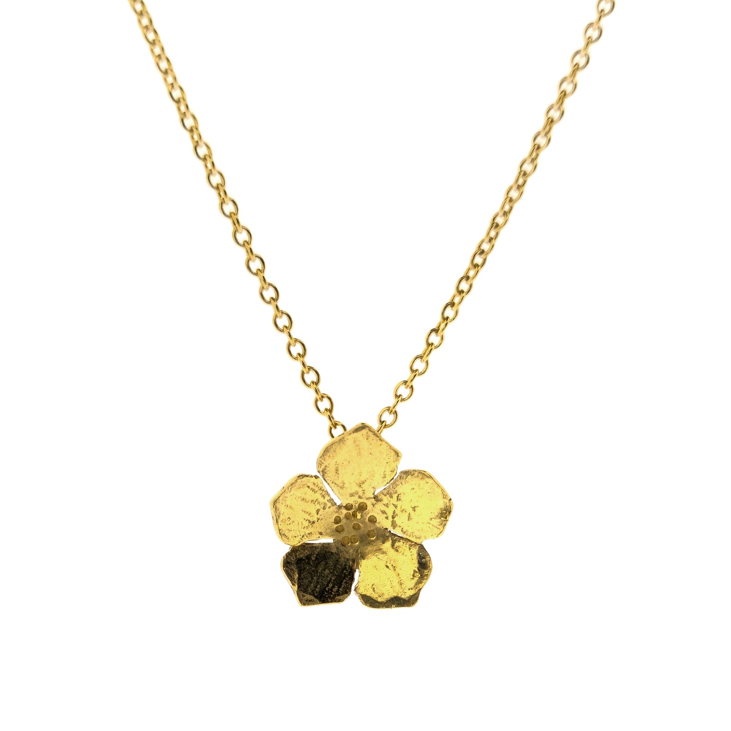 A yellow gold vermeil 5 petal flower pendant on a yellow gold vermeil chain. Small.