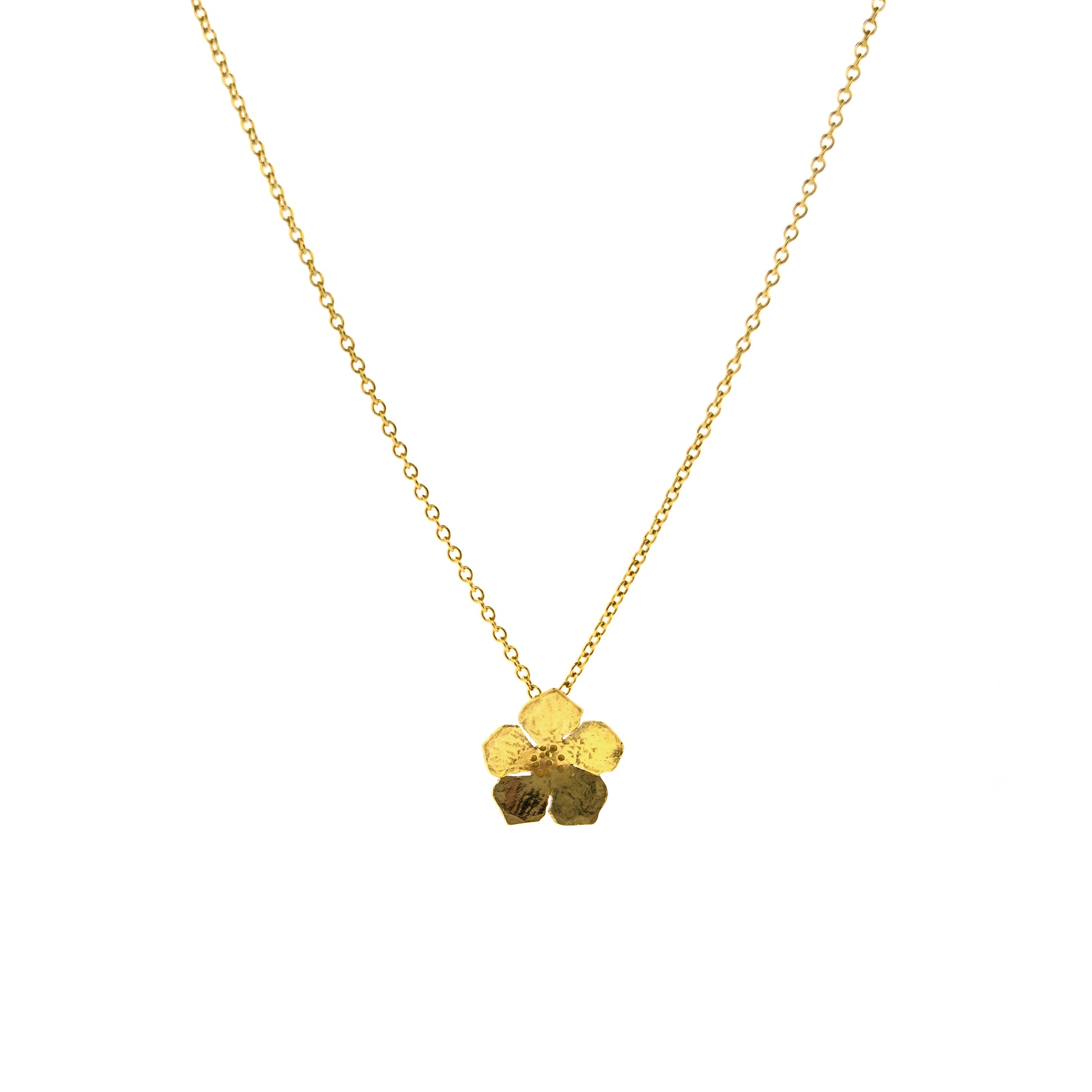 A yellow gold vermeil 5 petal flower pendant on a yellow gold vermeil chain. Small.