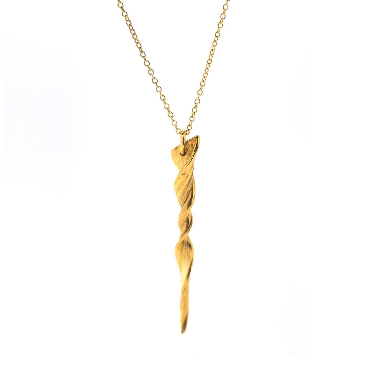 A yellow gold vermeil twist pendant suspended on a yellow gold vermeil chain. 