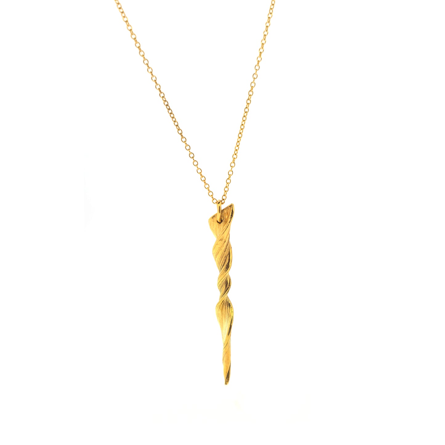 A yellow gold vermeil twist pendant suspended on a yellow gold vermeil chain. 