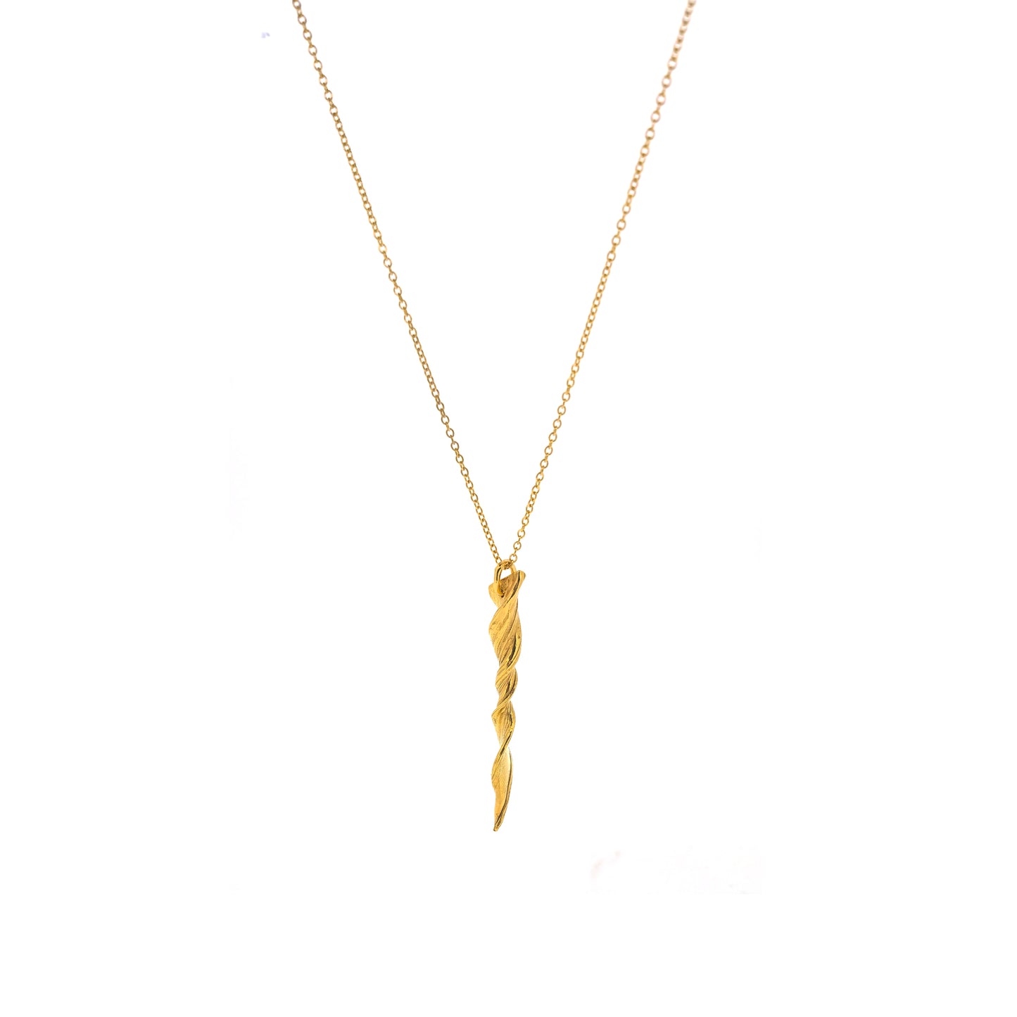 A yellow gold vermeil twist pendant suspended on a yellow gold vermeil chain. 