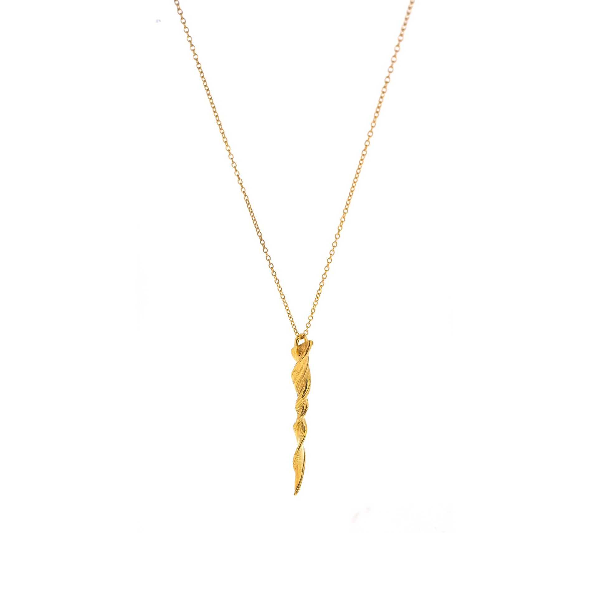 A yellow gold vermeil twist pendant suspended on a yellow gold vermeil chain. 