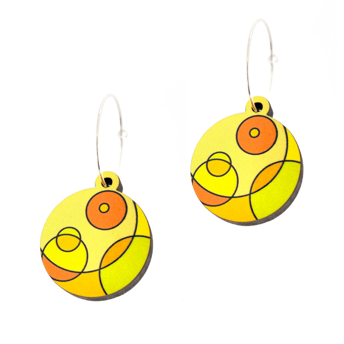 Yellow Circles wood drop earrings