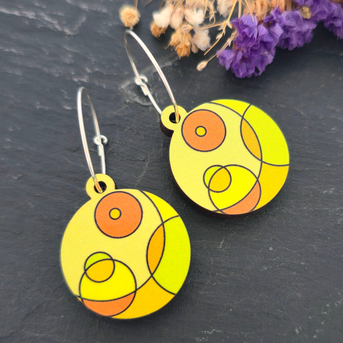 Yellow Circles wood drop earrings