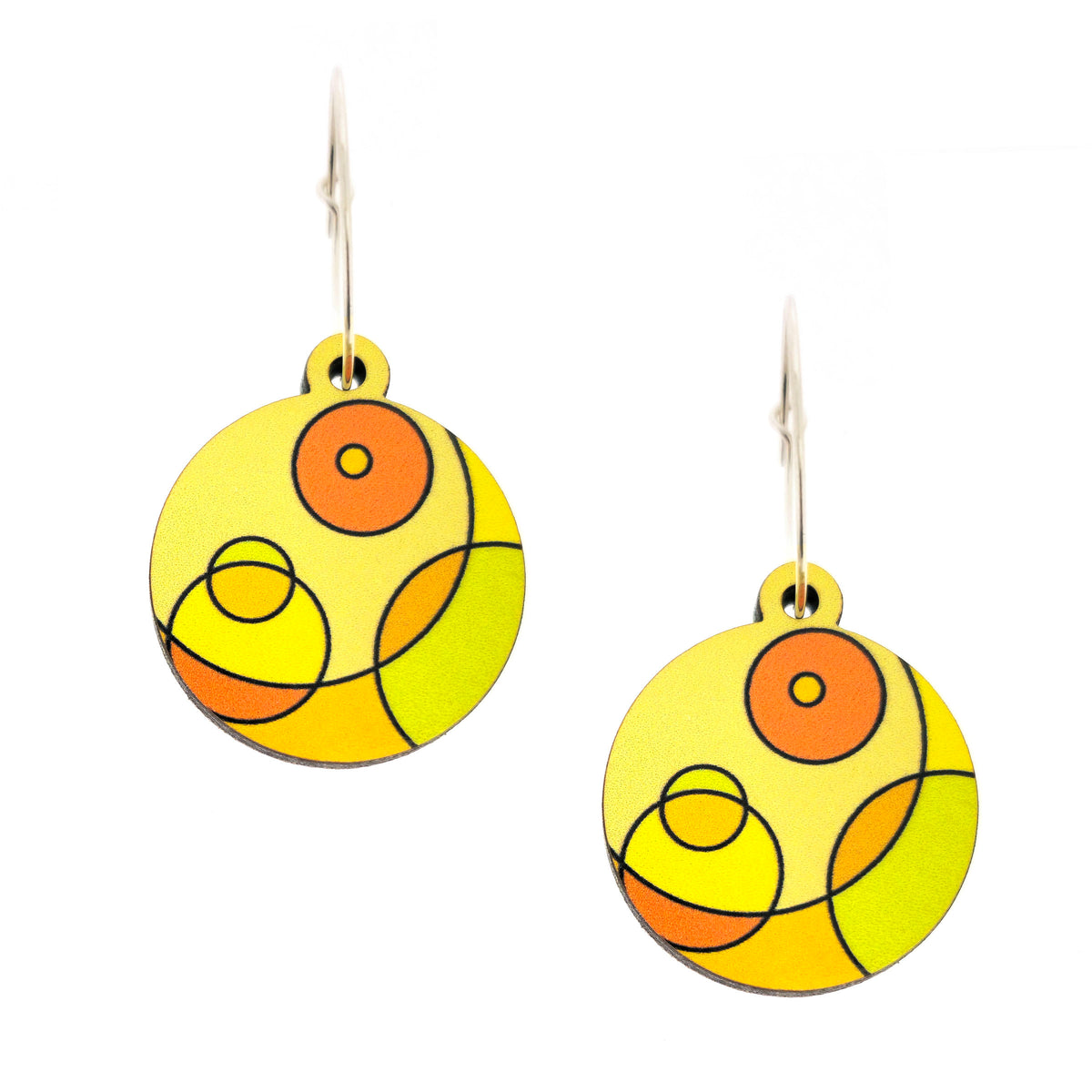 Yellow Circles wood drop earrings